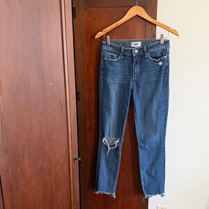PAIGE Medium Wash Mid Rise Distressed Skinny Ankle Jeans